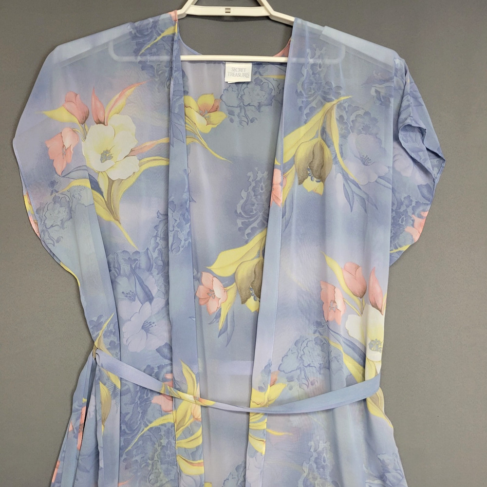 Vintage Secret Treasure Lingerie Robe Womens L Blue Floral Belted Sheer 90s Y2K - Picture 5 of 12